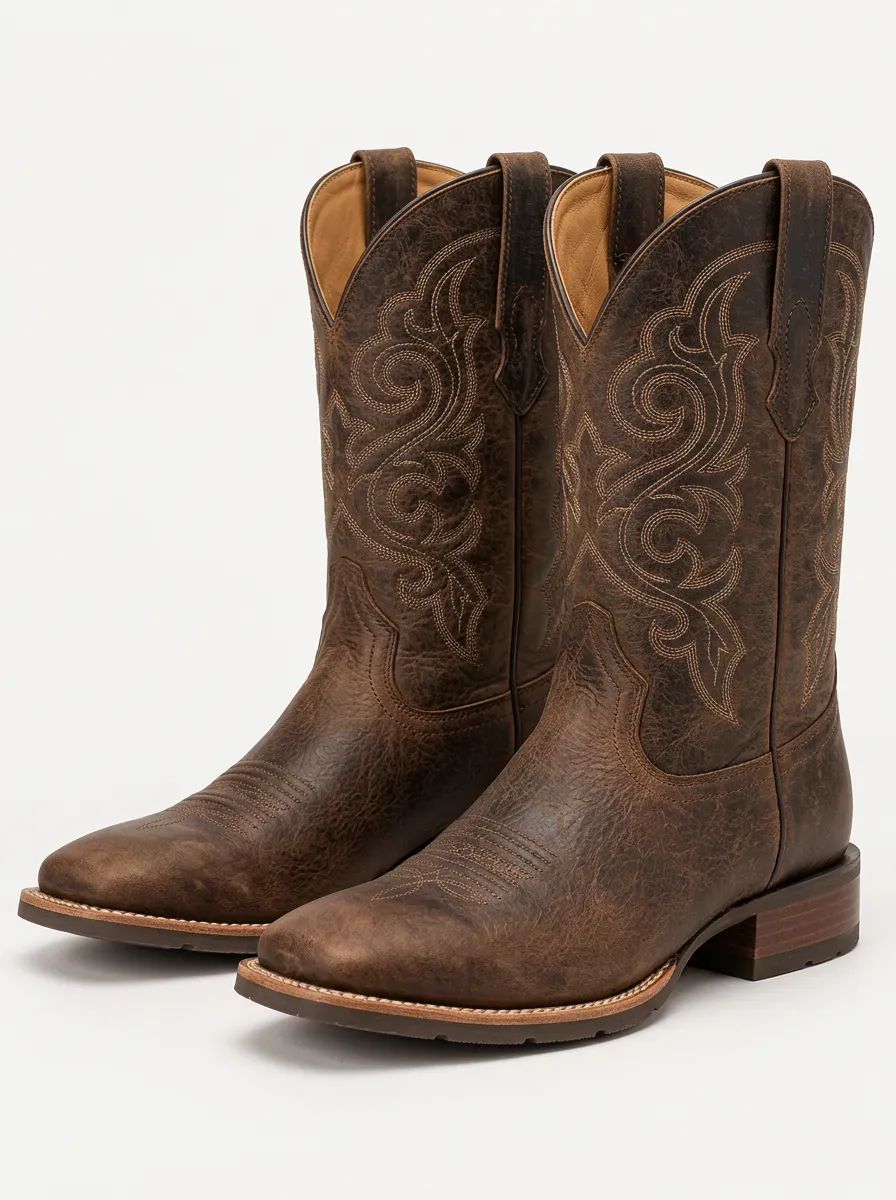 Men's Red Embroidered Detail Cowboy Boots with Vintage Inspired