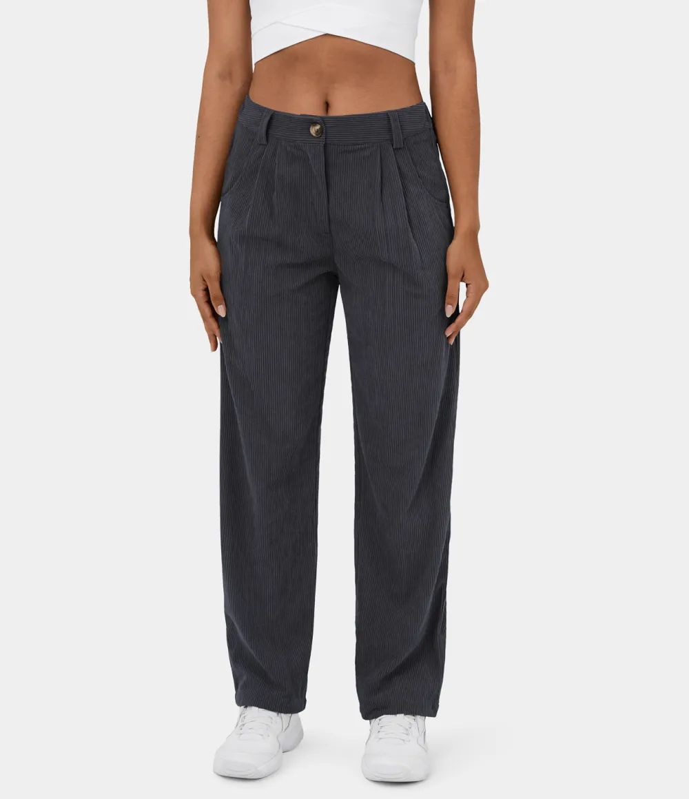 Mid Rise Button Zipper Side Pocket Corduroy Casual Pants