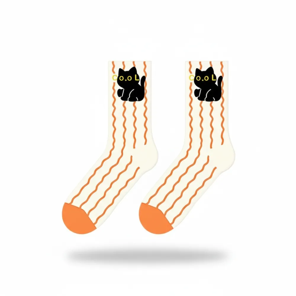 Wavy Stripe Cat Print Crew Socks
