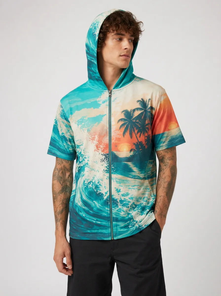 Men's Tropical Beach Sunset Ocean Wave Printed Zip Hoodie