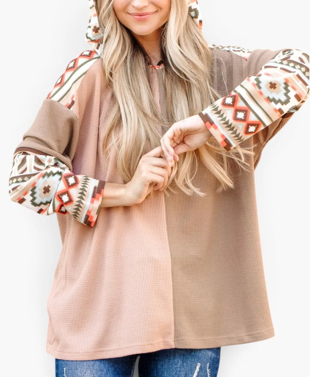 Aztec Print Color Block Waffle Knit Hoodie