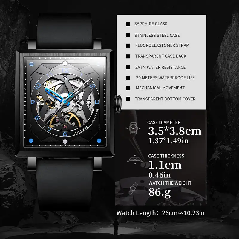 Sollen SL205 Men's Square Skeleton Automatic Mechanical Watch - 35x38mm Stainless Steel Case Sapphire Crystal Open Dial Fluororubber Strap Wristwatch