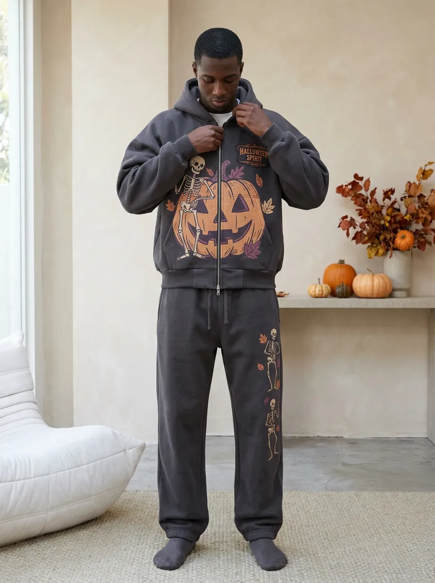 Men's Halloween Skeleton Pumpkin Printed Zip Hoodie Sweatpants Set
