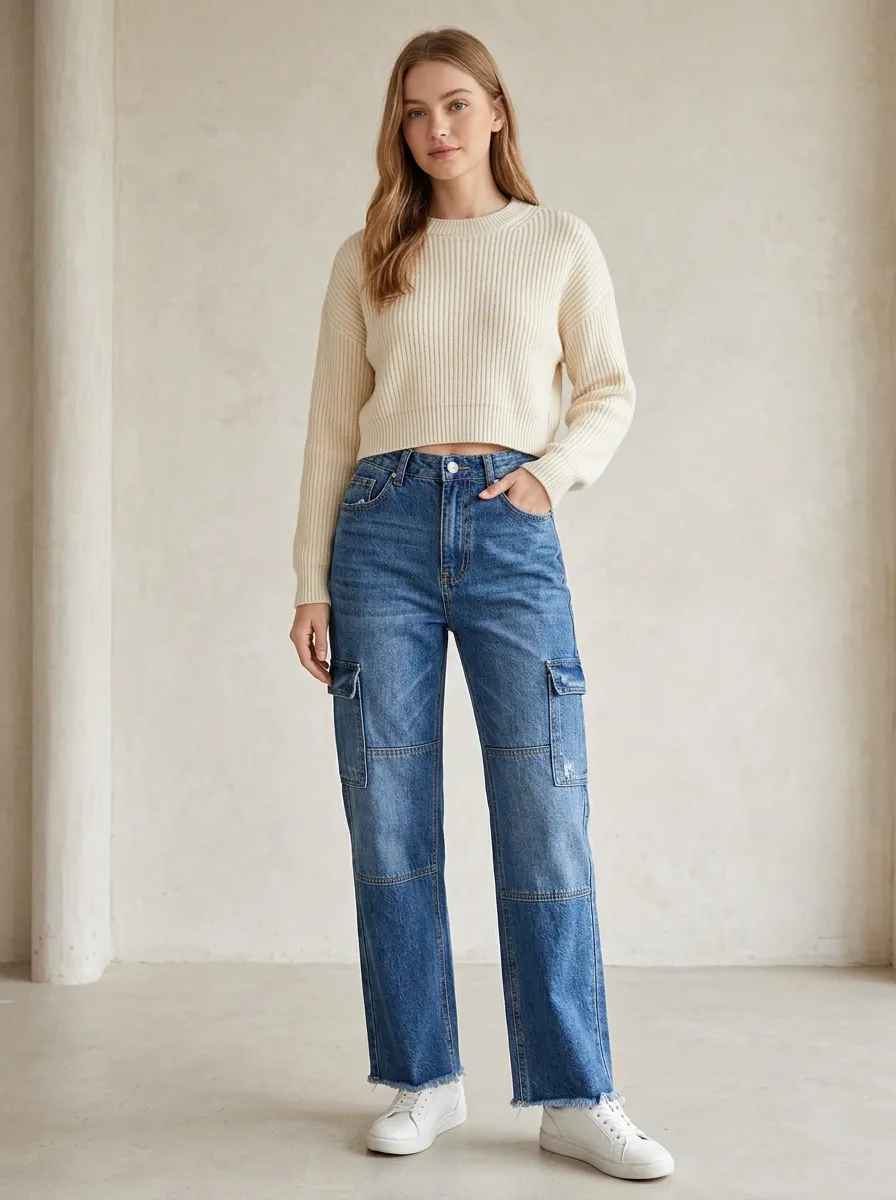 Women's Casual Fashion High-Waisted Blue Denim Cargo Pants
