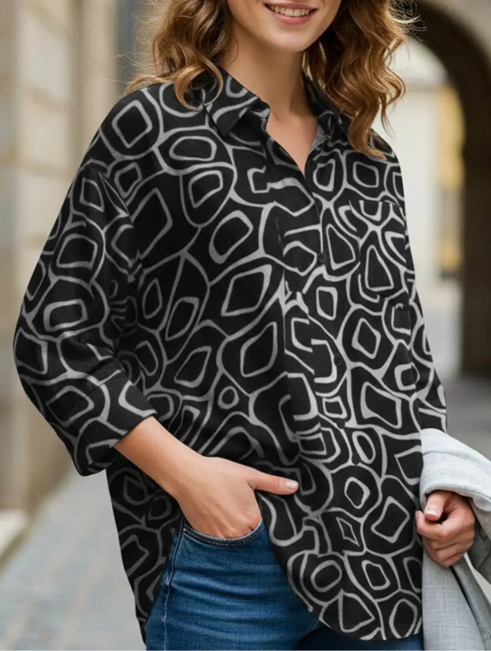 Printed Lapel Long-Sleeved Tunic Top
