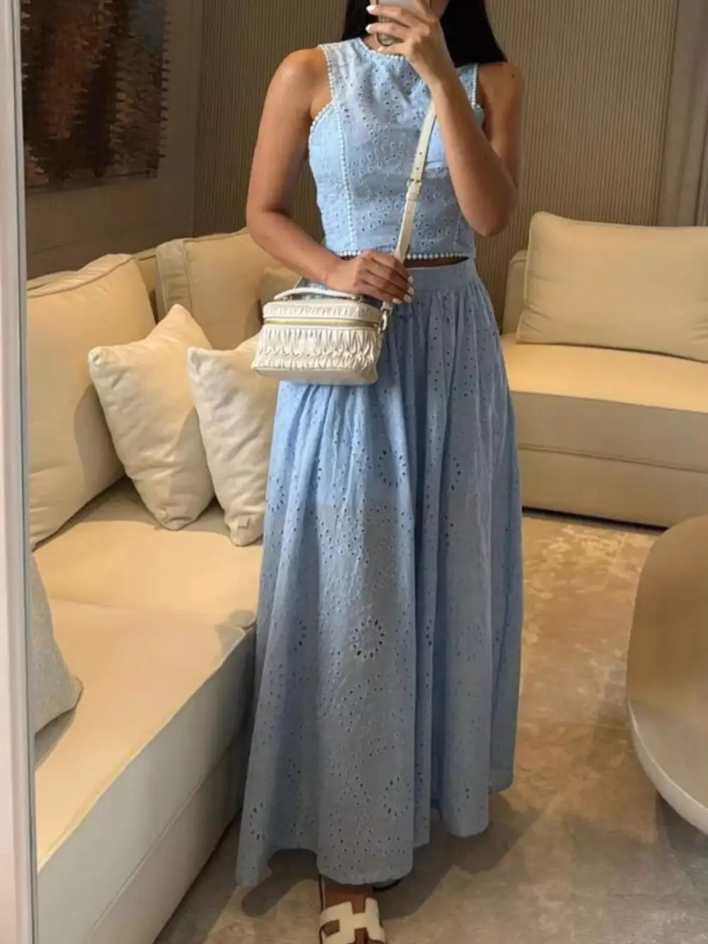 Cropped Eyelet Coordinated Set