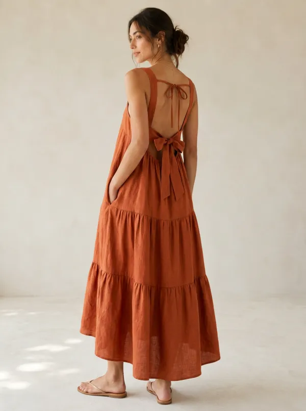Women's Boho Tiered Bow-Back Maxi Backless Dress