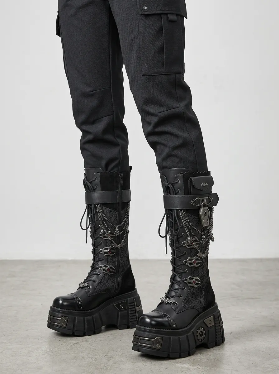 Ritual-Inspired Bat Chain Statement Women's Gothic Platform Boots