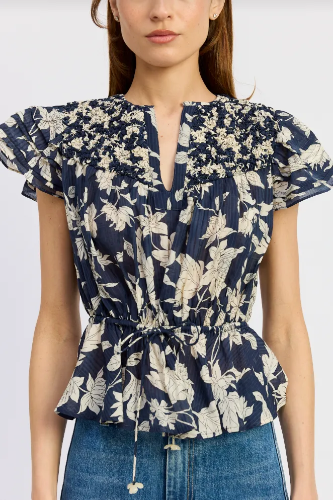 Navy Floral Smocked Waist Peplum Blouse
