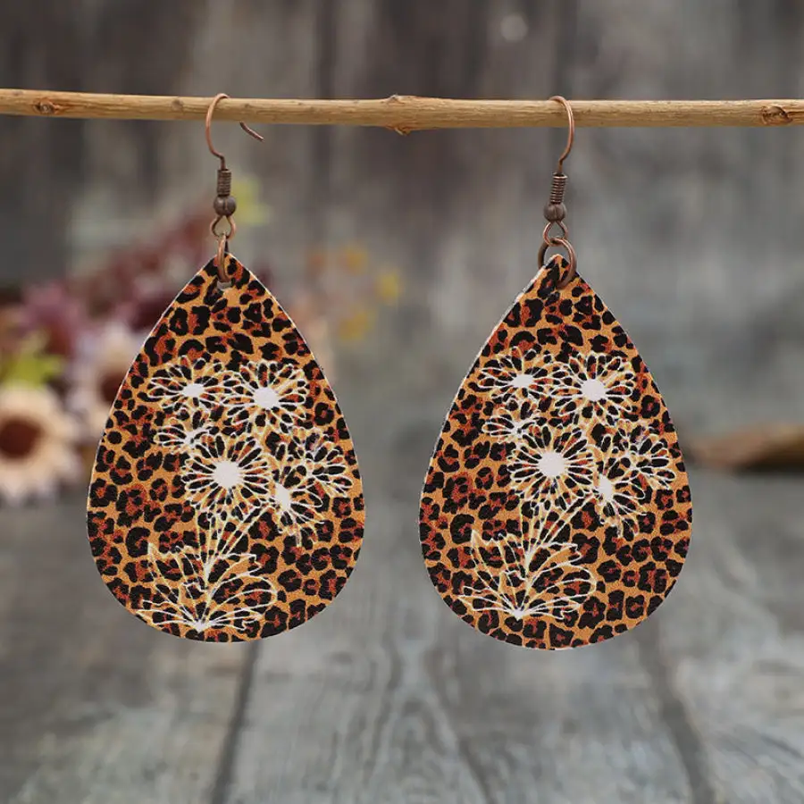 Leopard Pu Leather Teardrop Shape Earrings