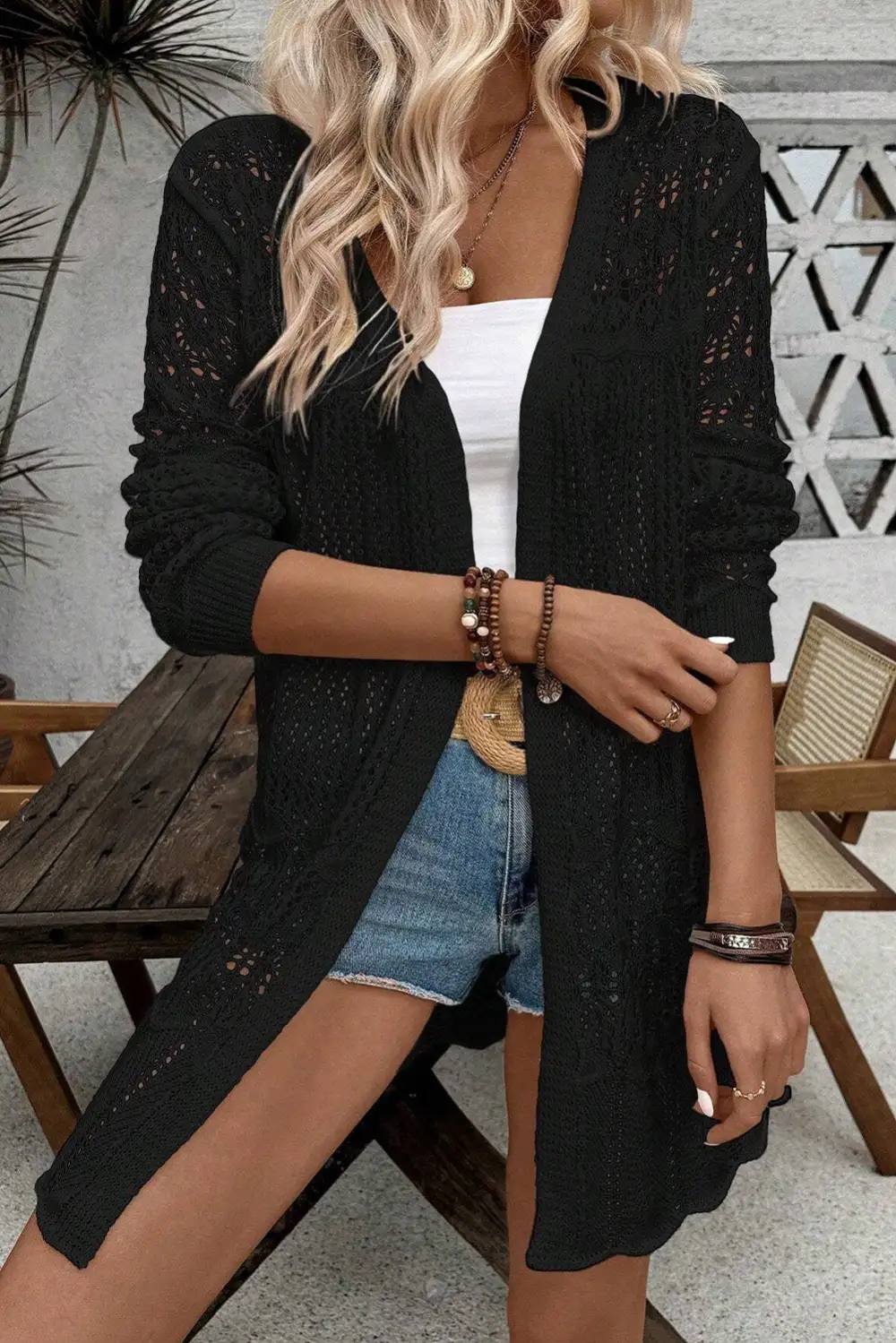 Crochet Openwork Open Front Cardigan
