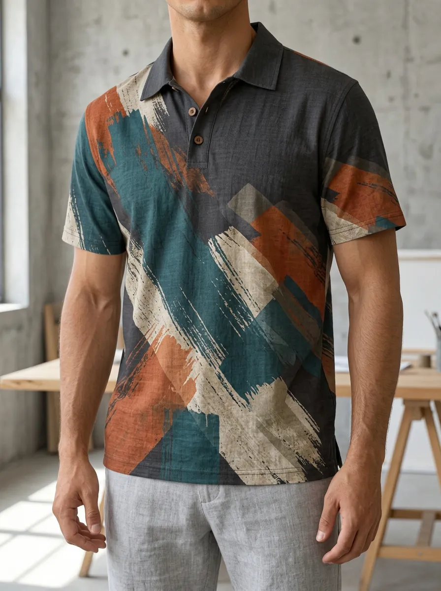 Men's Abstract Brushstroke Pattern Printed Polo Shirt Everyday Casual Style