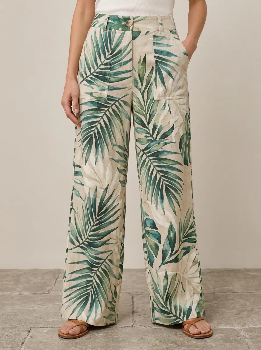 Women's Tropical Inspired Gentle Detail Palm Leaf Printed Wide Leg Pants