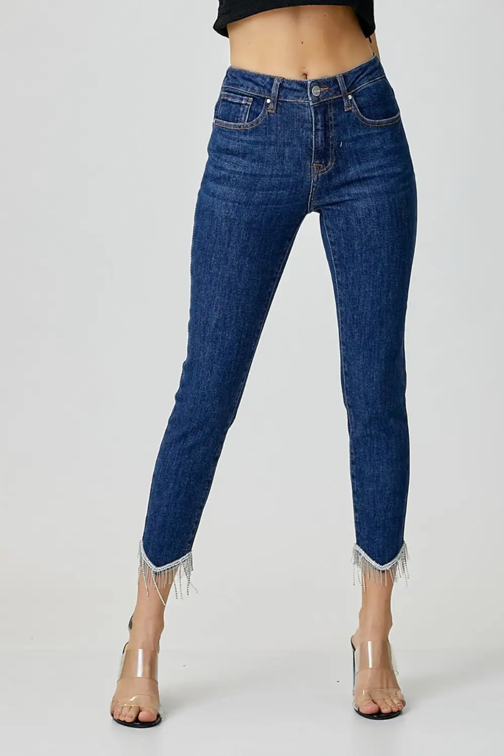 Embellished Mid Rise Crop Skinny Denim Jeans