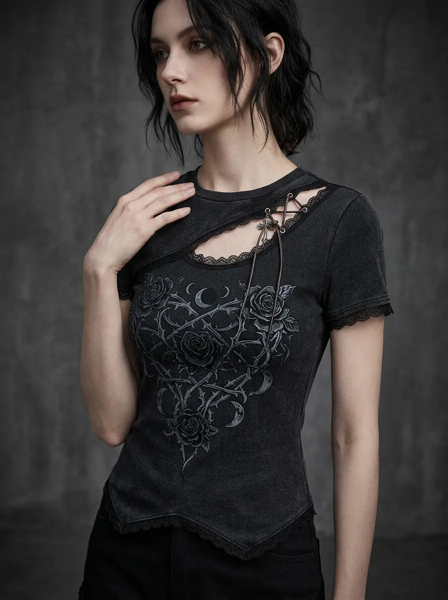 Moonlit Rose Moon Thorn Look Women's Gothic T-Shirt