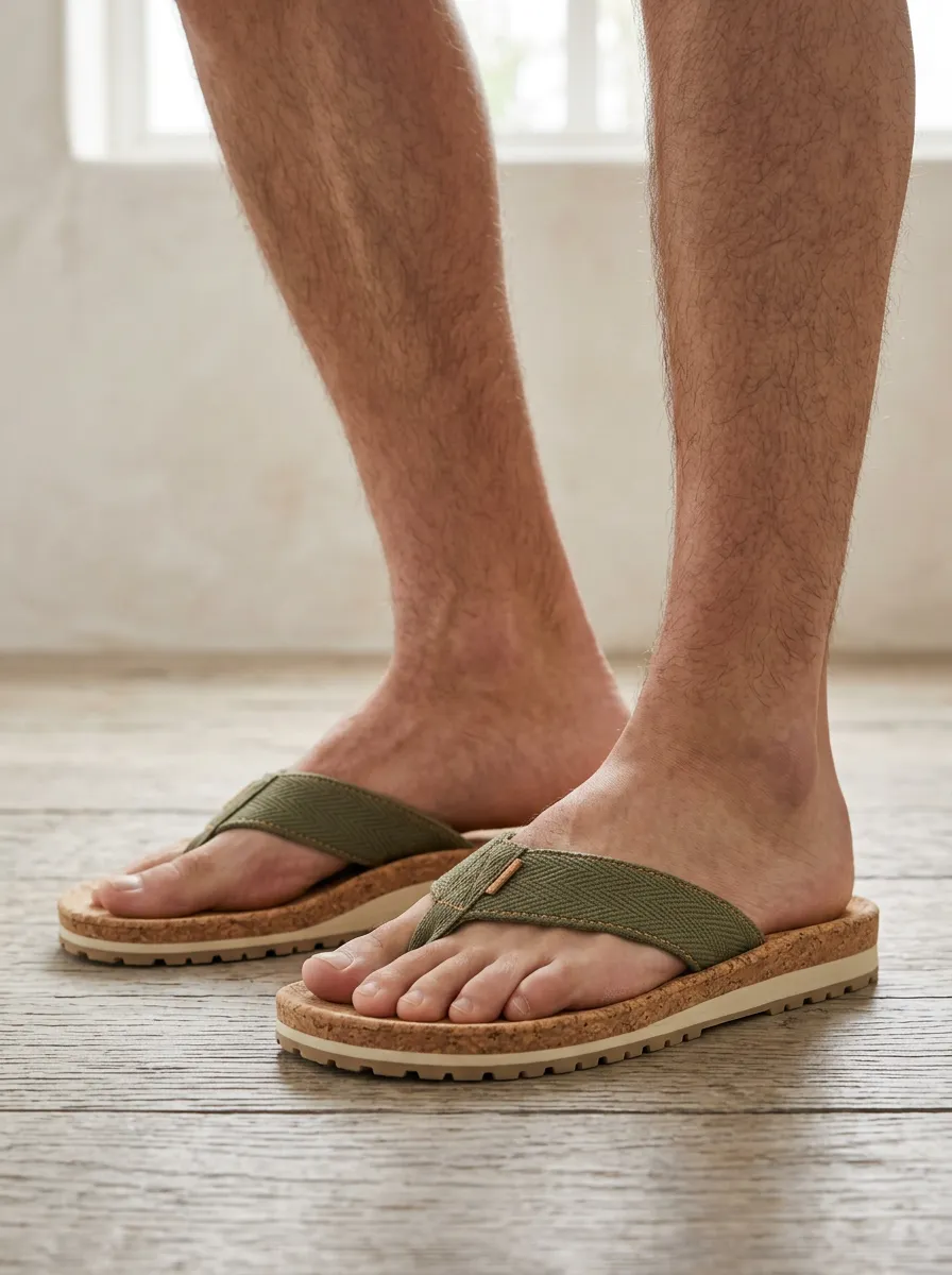 Men's Casual Summer Olive Green Herringbone Cork Printed Flip Flops