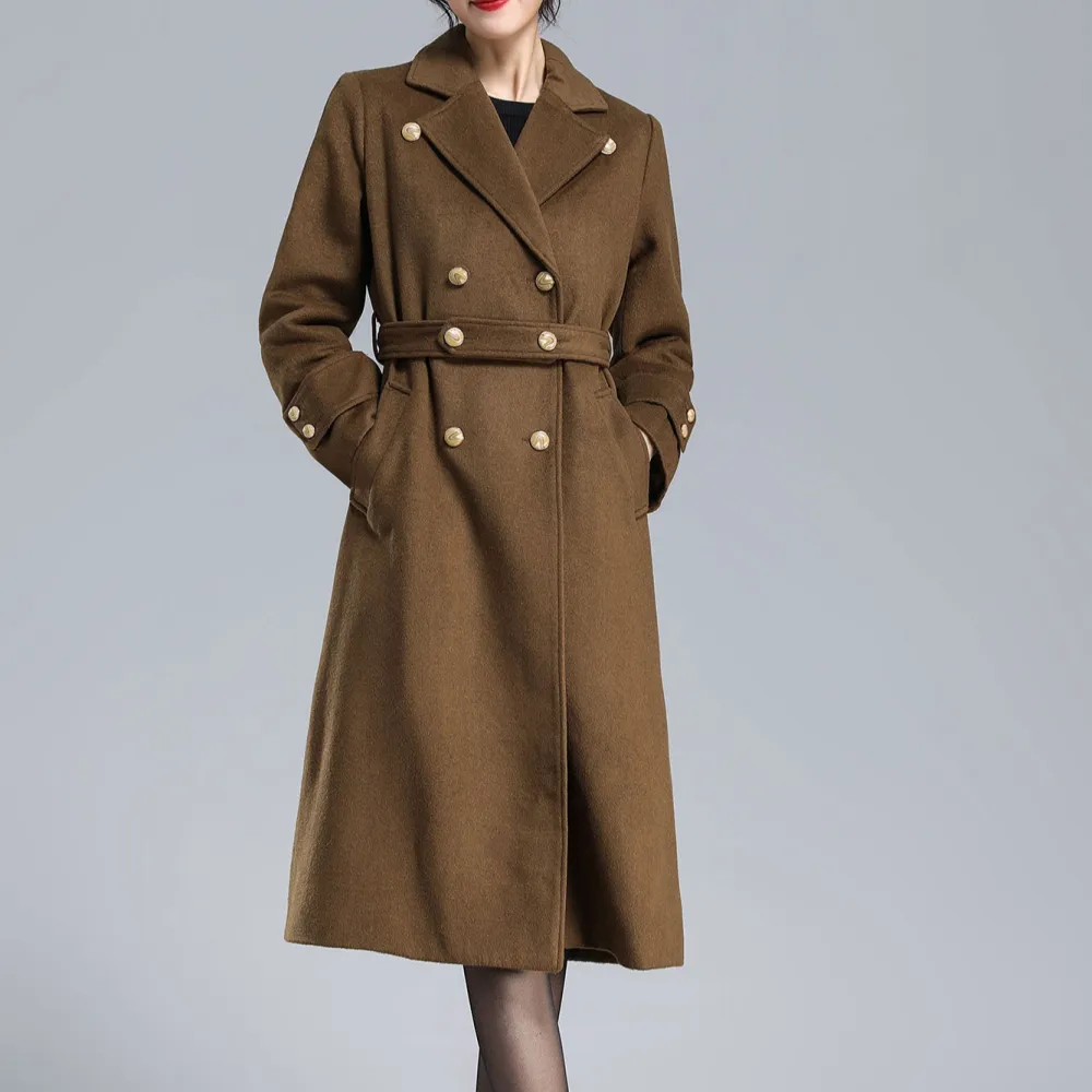 Wool Tailored Double Breasted Belted Pocketed Midi Coat