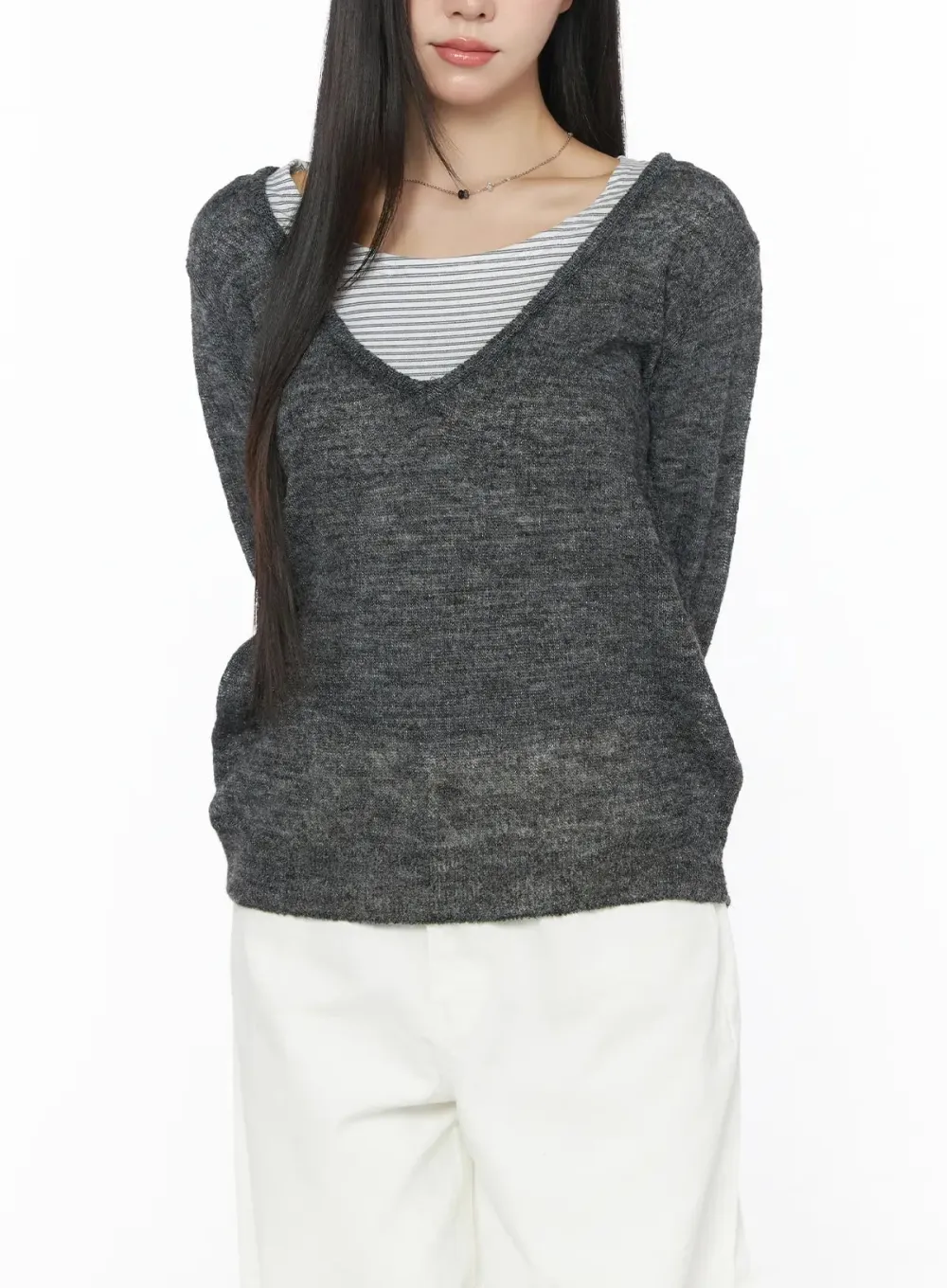Deep V-Neck Relaxed Long Sleeve Knit