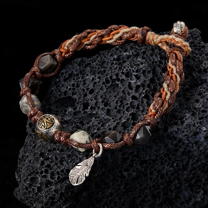 Retro Sterling Silver Obsidian Transport Rope Handmade Bracelet