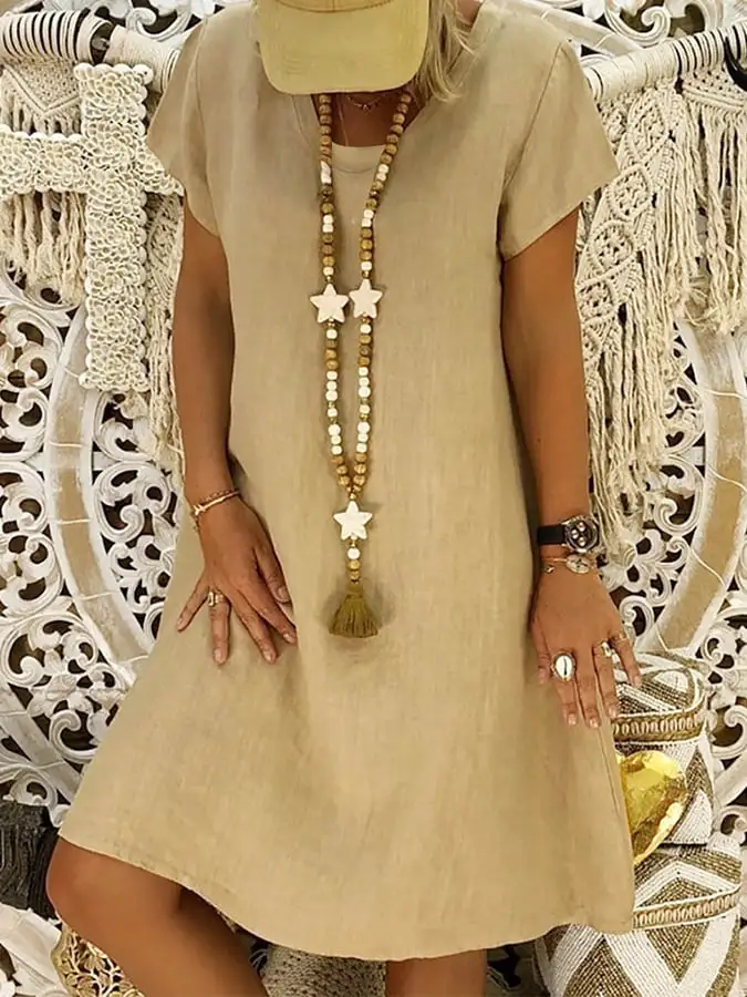Women's Boho Solid Color Cotton Dress
