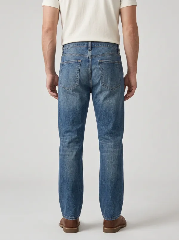 Men's Vintage Wash Blue Denim Straight Leg Jeans