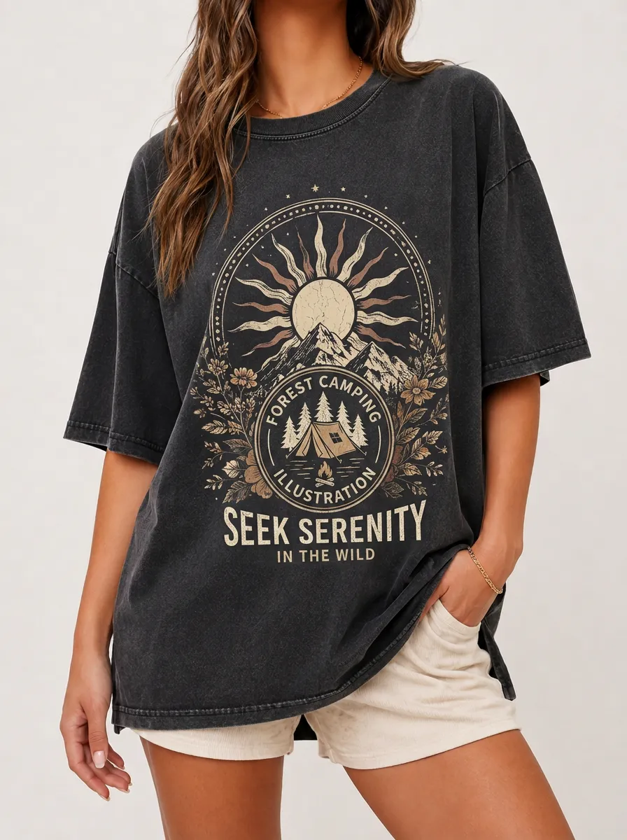 Women's Camping Lover Seek Serenity Mountain Forest Printed T-shirt
