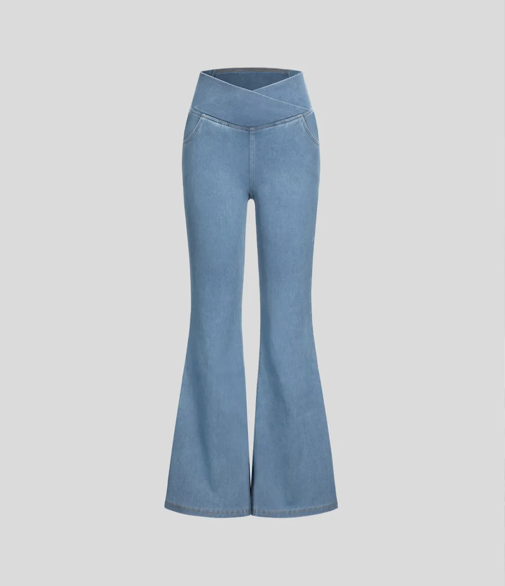 Magic High Waisted Crossover Pocket Washed Stretchy Knit Casual Super Flare Jeans