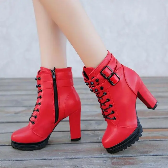 Chunky High-Heel Buckle Strap Combat Boots