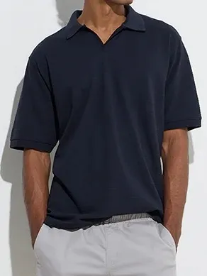 Navy Loose Cotton-Blend Polo T-Shirt