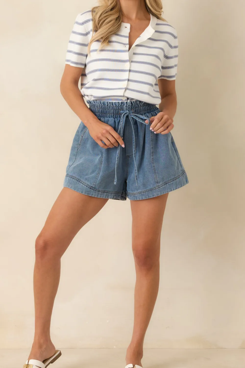Medium Wash Cotton Drawstring Denim Shorts