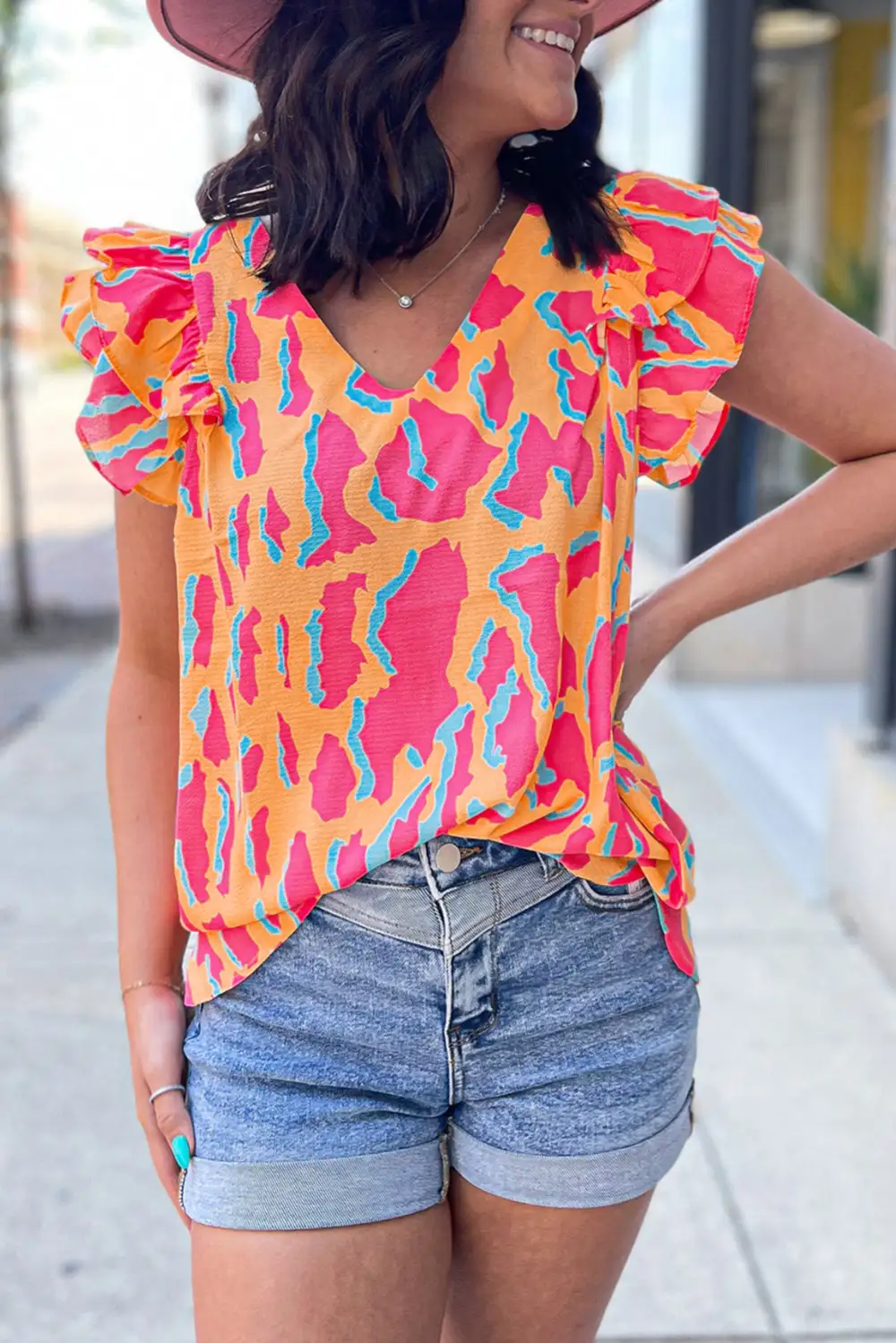 Ruffle Sleeve V Neck Blouse