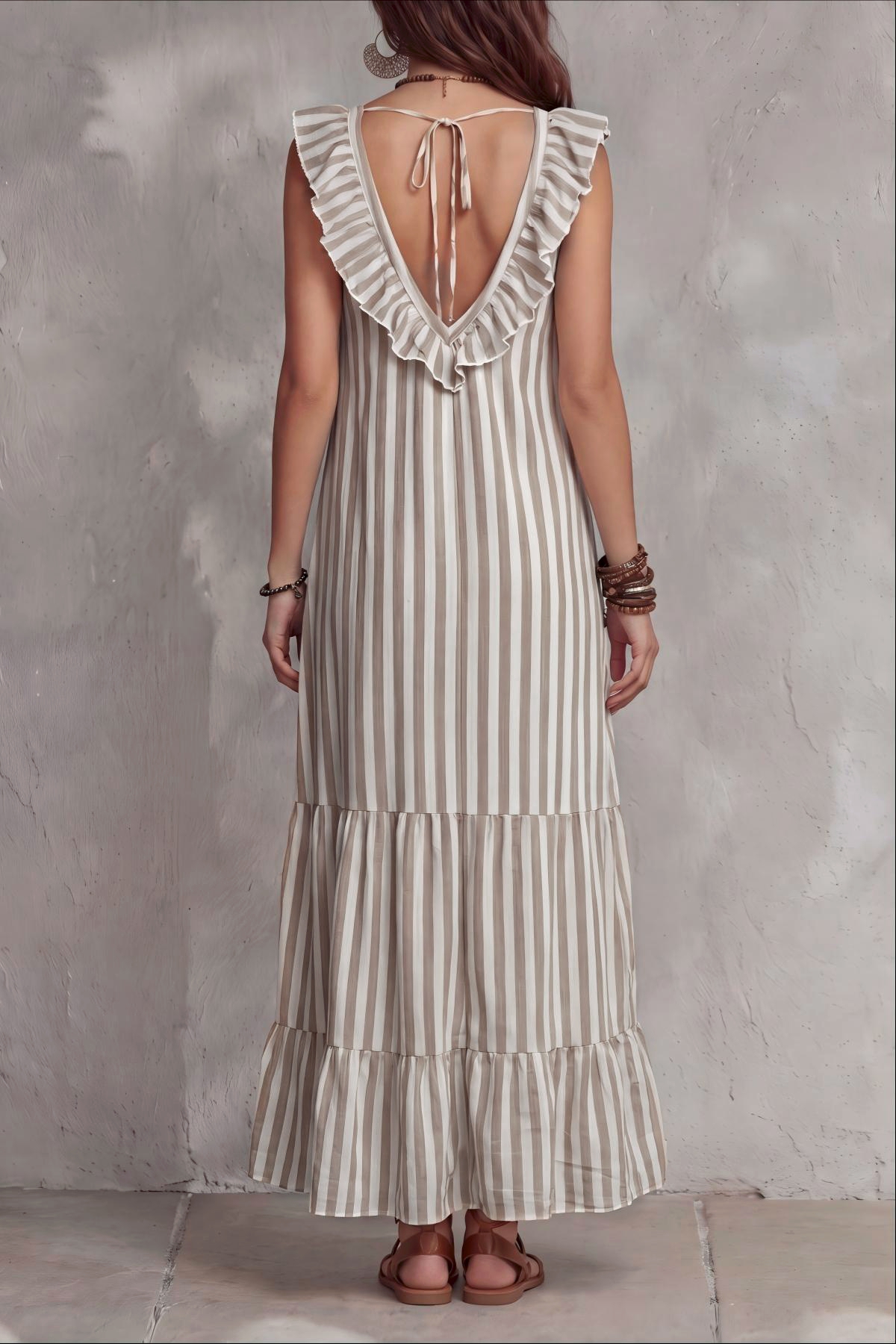 V Neck Ruffle Striped Maxi Dress