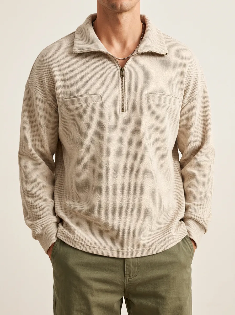 Quarter-Zip Pullover in a Comfort-Look Waffle Knit Style