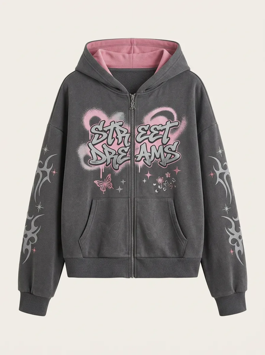 Women's Y2K Streetwear Butterfly Graffiti Printed Zip-up Hoodie