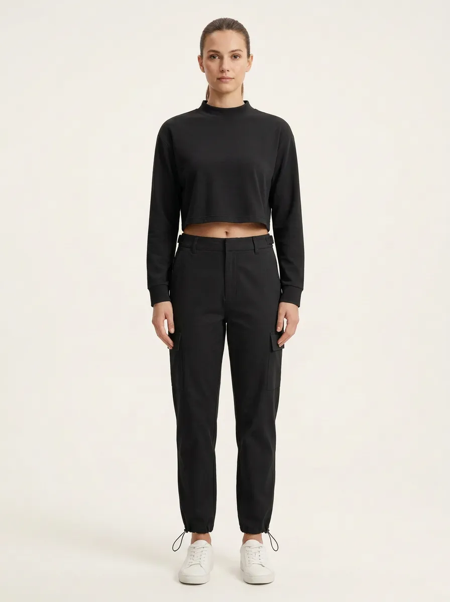 Women's Mock-Neck Raw-Hem Crop Top and Cargo Jogger Set