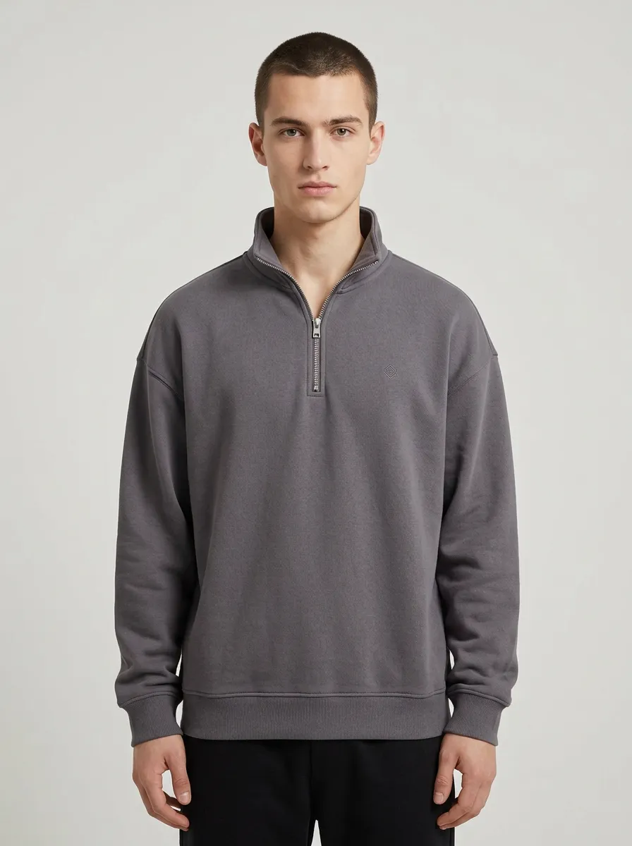 Men's Clean-Line Minimalist Textured Embroidered Emblem Quarter-Zip Sweatshirt