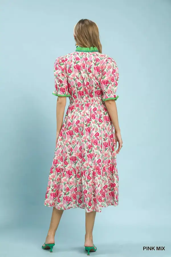 Floral Print Tiered Smocked Pocketed Midi Dress