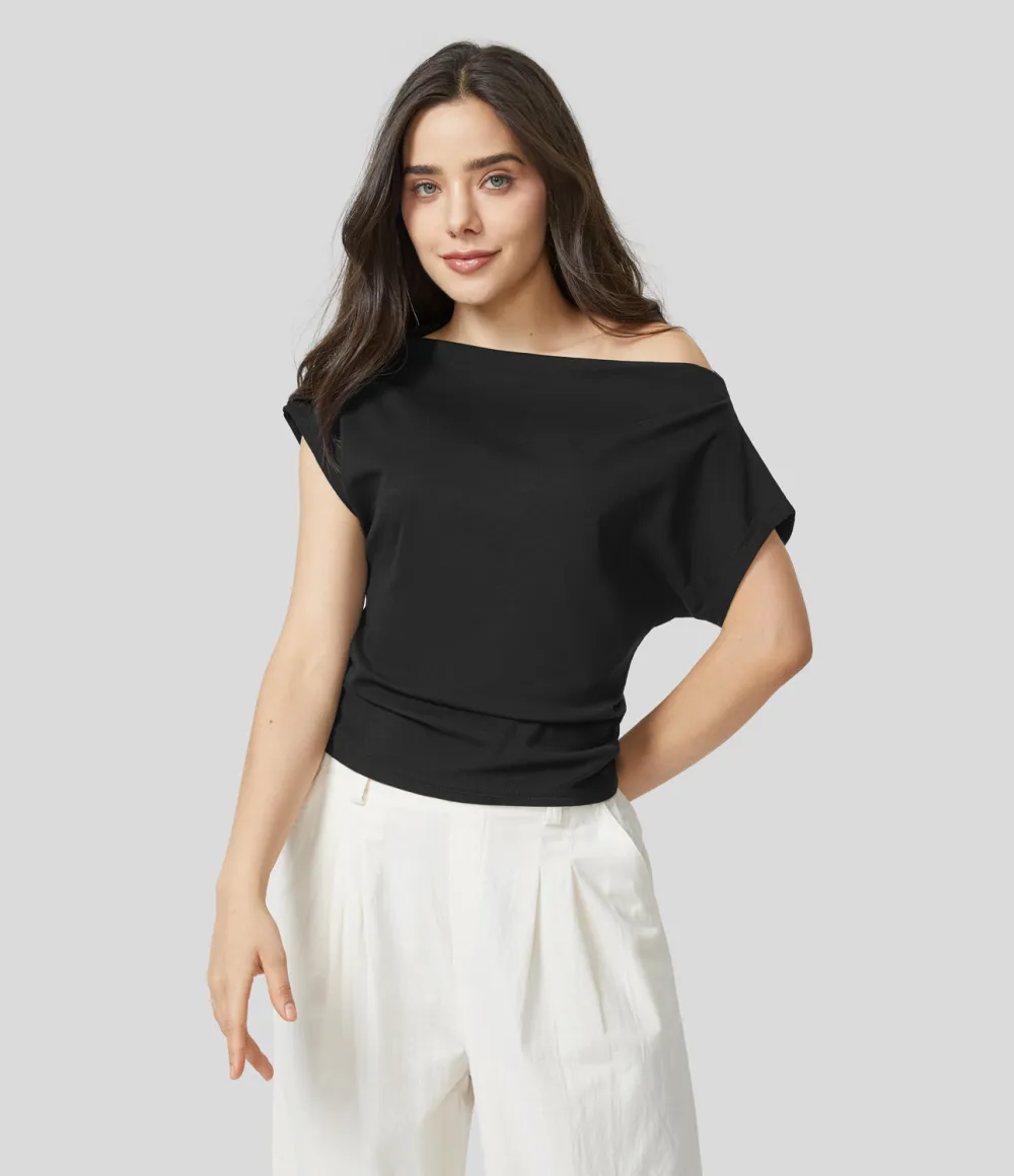 Off Shoulder Short Sleeve Ruched Casual Cotton Top