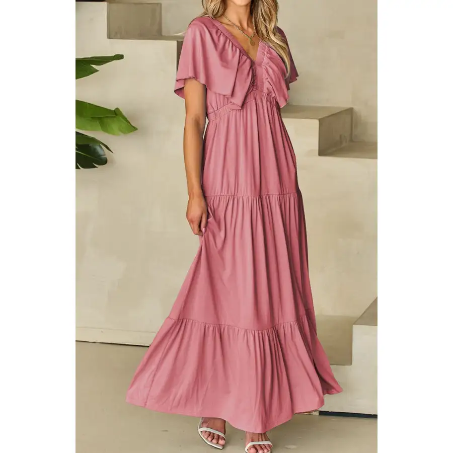 Ruffled V Neck Flutter Sleeve Maxi Dress