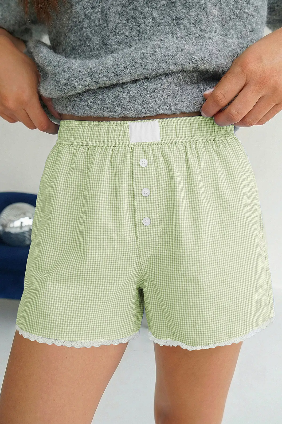 Gingham Plaid Button Detail Lace Trim Boxer Shorts