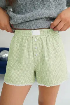 Gingham Plaid Button Detail Lace Trim Boxer Shorts