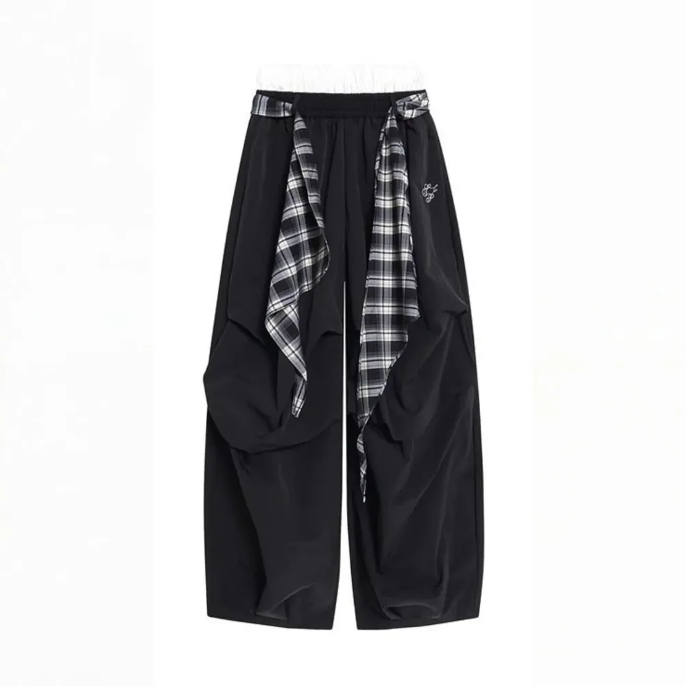 Embroidered Ruched Wide-Leg Pants with Plaid Scarf