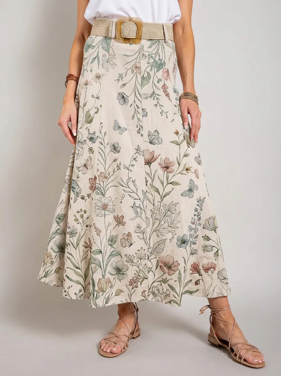 Women's Botanical Butterfly Floral Printed Midi Skirt