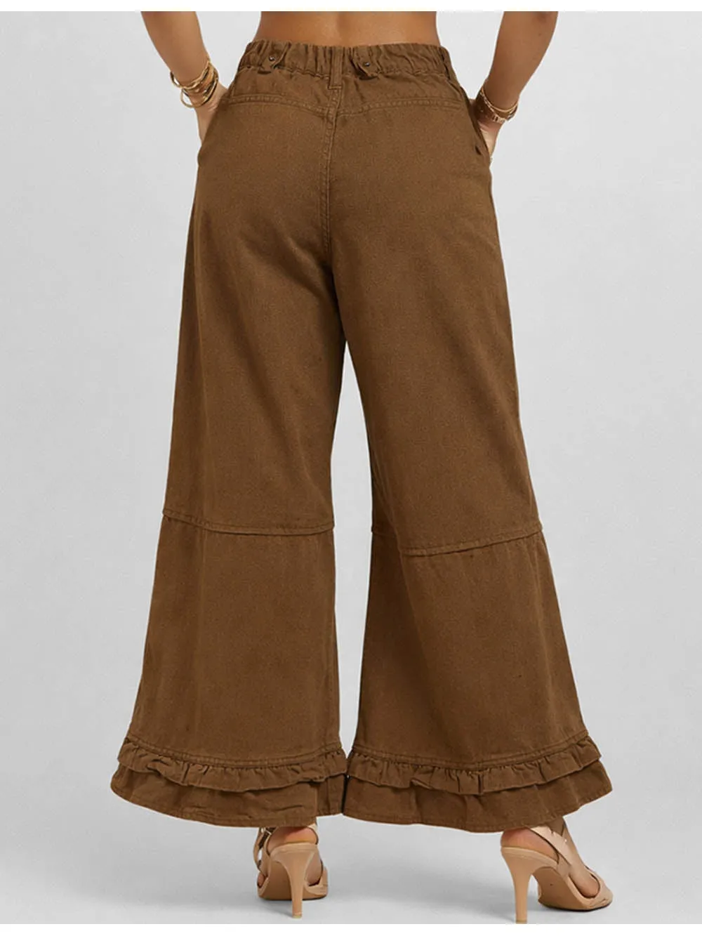 Ruffle Hem Jeans Elastic Waist Wide Leg Denim Pants