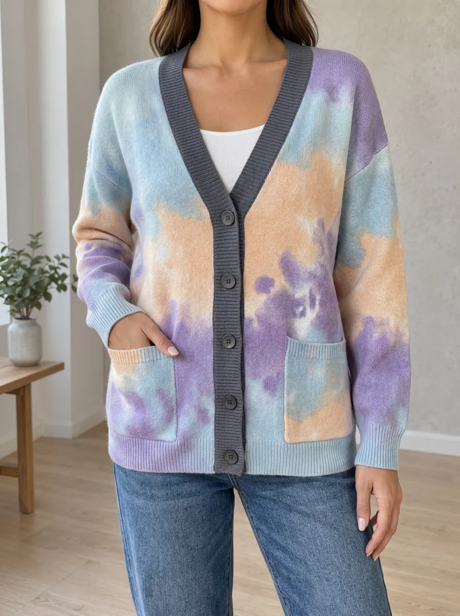 Women's Pastel Tie-Dye Pattern Printed Dropped Shoulder Easygoing Everyday Cardigan