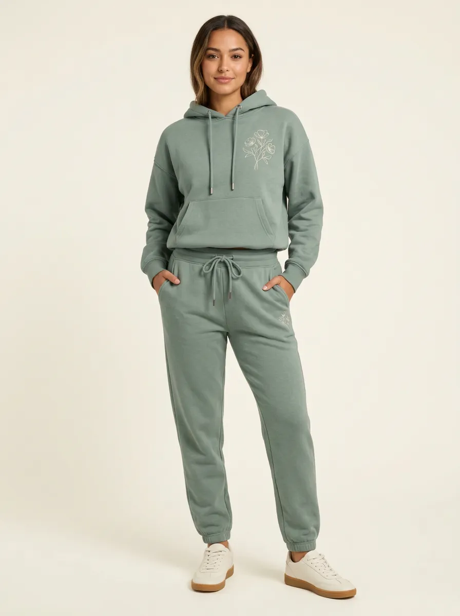 Women's Sage Green Cropped Solid Hoodie & Pants Set