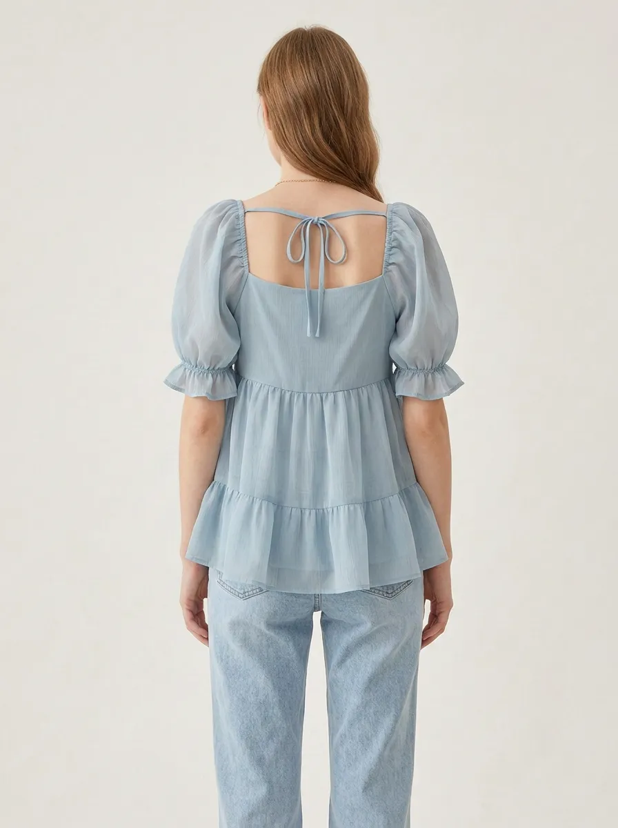 Square-Neck Peplum Women's Puff-Sleeve Blouse
