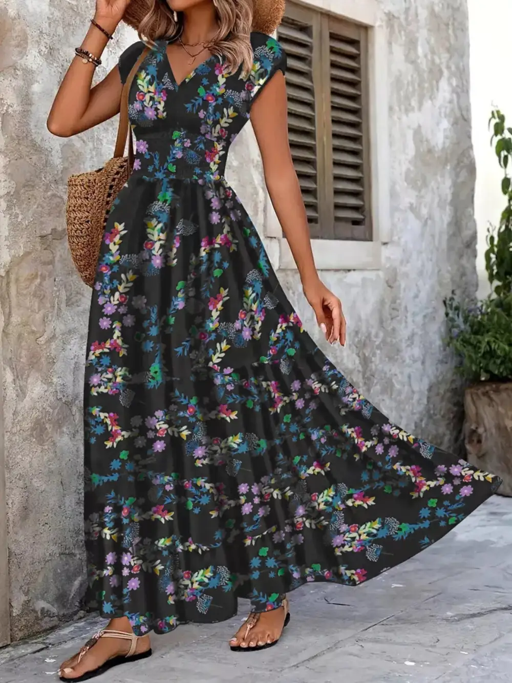 Gathered Detail Floral V Neck Maxi Dress