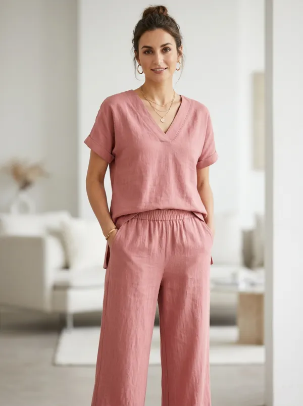 Short-Sleeve Cuffed-Sleeve Linen-Blend Women's V-Neck Shirt