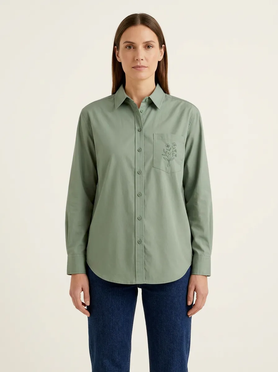 Women's Floral-Embroidered Single-Pocket Point-Collar Shirt